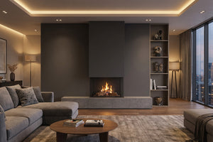 Modern living room with a fireplace and large windows.