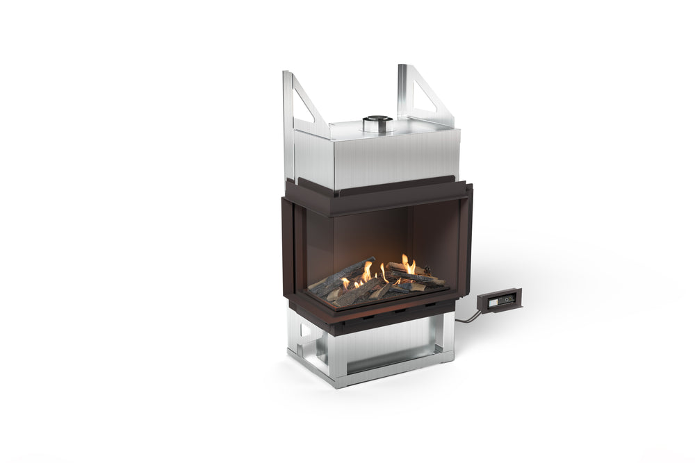 Modern outdoor fireplace with glass front on a white background