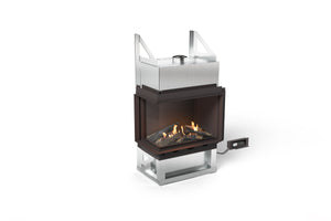 Modern outdoor fireplace with glass front on a white background