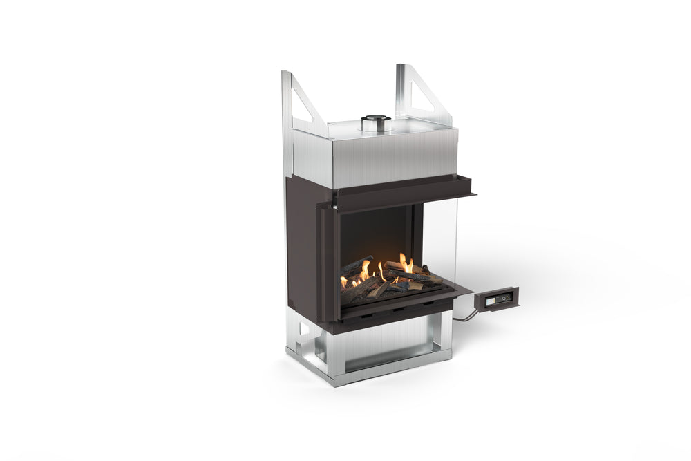 Modern freestanding fireplace with glass door on a white background