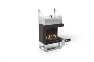 Modern freestanding fireplace with glass door on a white background