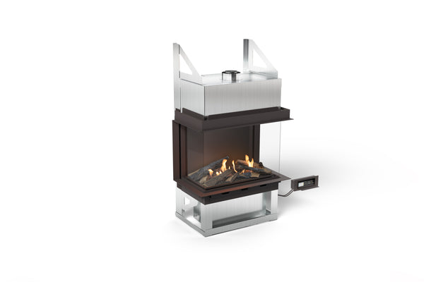 Modern outdoor fire pit with glass cover on a white background