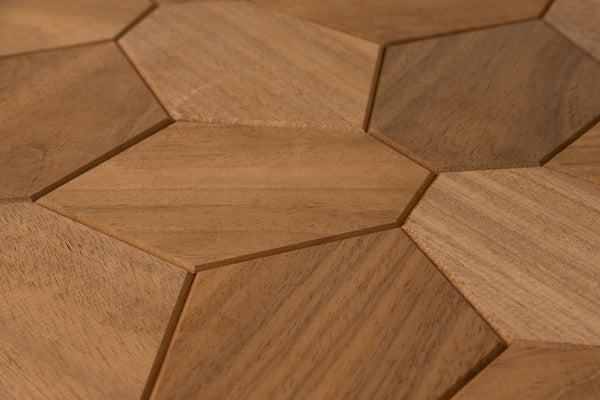 Close-up of wooden hexagonal tiles arranged in a pattern
