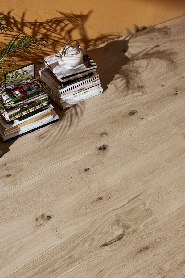 Wooden surface with books, teapot and a plant