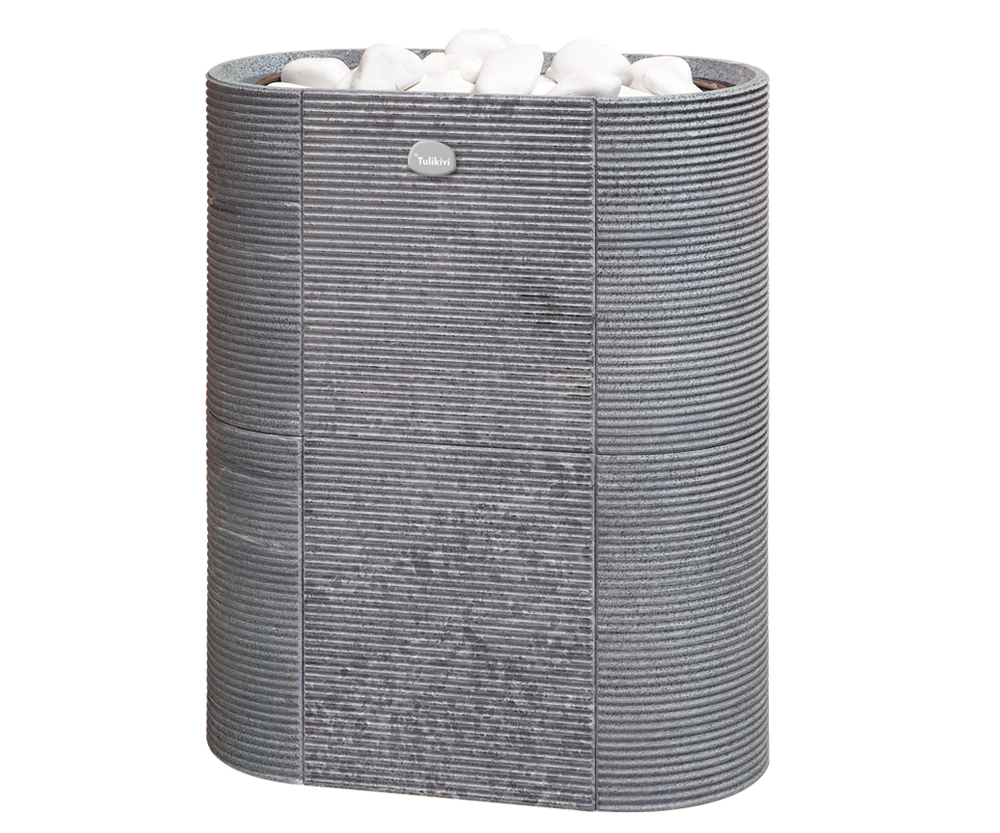 Soapstone Cladded Electric Sauna Heater Tulikivi Routa With White Decorative Sauna Stones