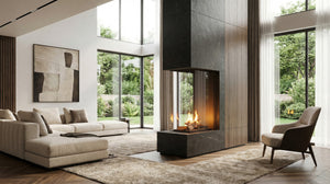 Modern living room with a fireplace, large windows, and a stylish sofa.