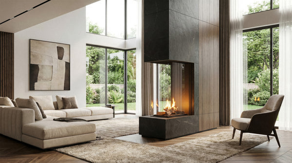 Modern living room with a fireplace, large windows, and a stylish sofa.