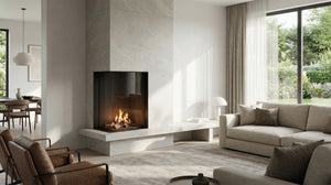 Modern living room with a fireplace, sofa, and chairs.