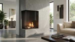 Modern living room with a fireplace, sofa, and decor elements.