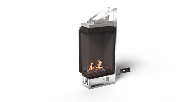 Modern wall-mounted fireplace with glass door on a white background
