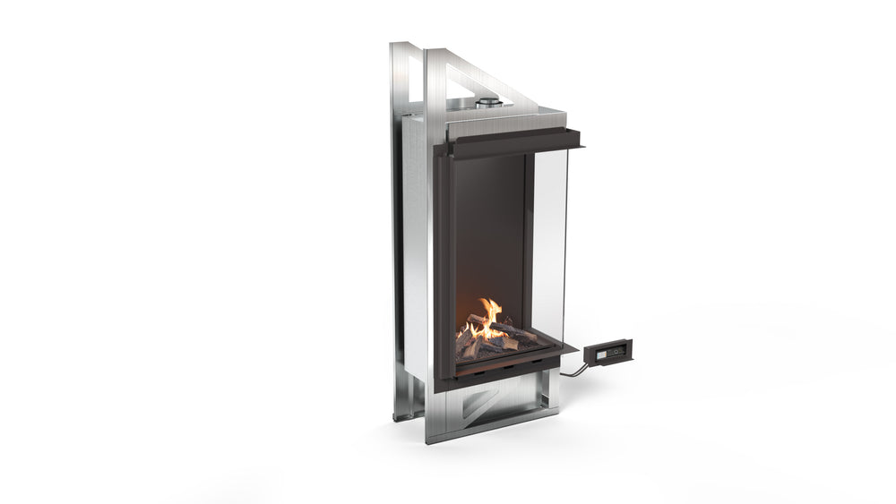 Modern freestanding ethanol fireplace with glass door on a white background