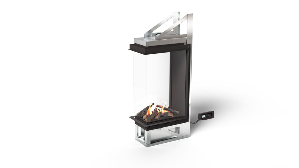 Modern wall-mounted fireplace with glass front on a white background
