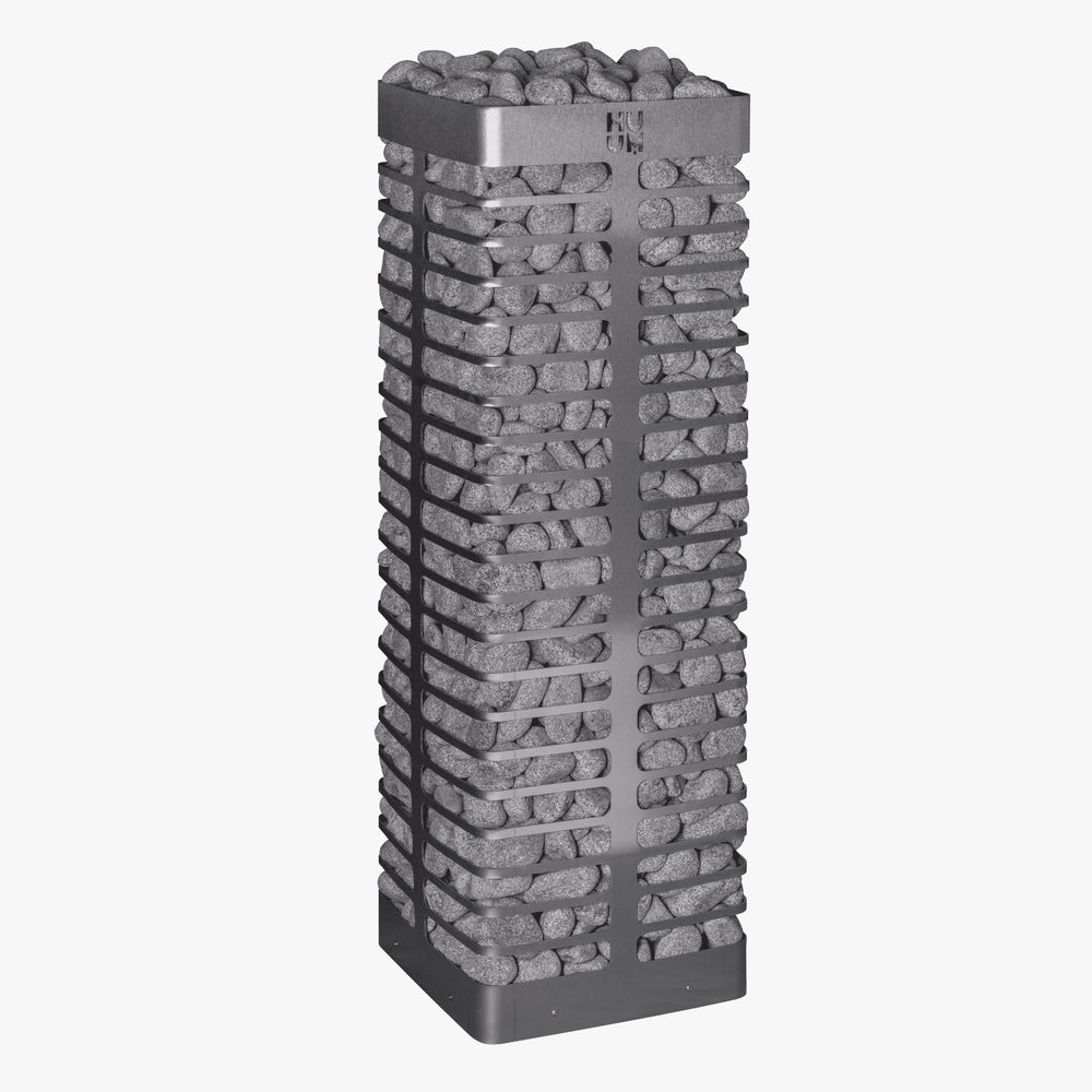 HUUM electric sauna heater filled with stones on a white background