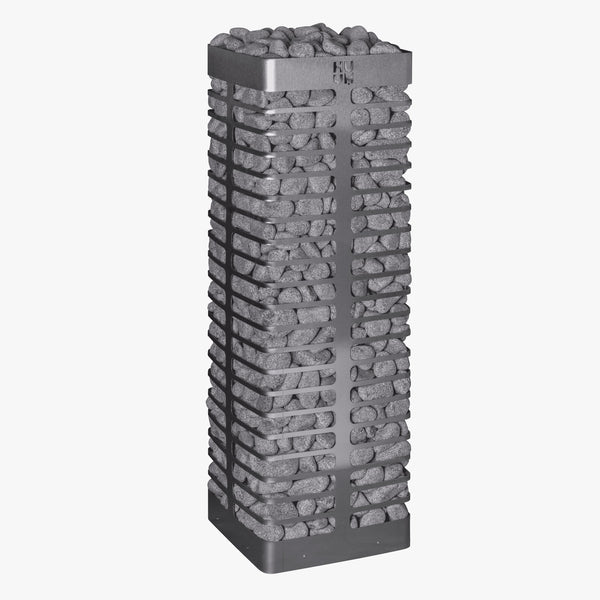 HUUM electric sauna heater filled with stones on a white background