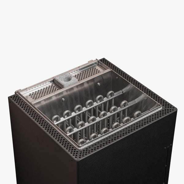 Electric sauna heater with metallic components on a white background