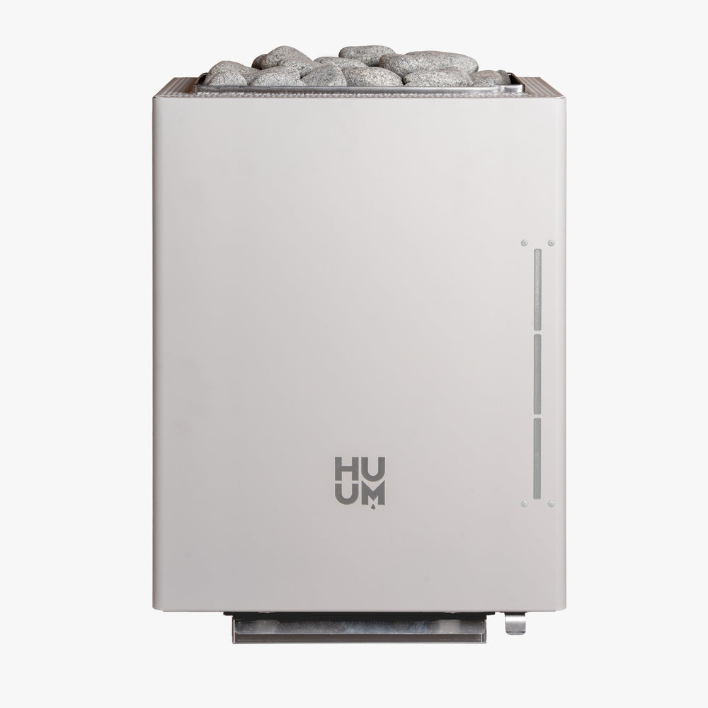 White electric sauna heater with 'HUUM' branding on a white background