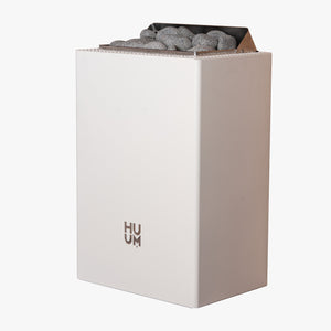 HUUM white electric sauna heater with grey stones inside on a white background  