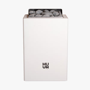 HUUM white electric sauna heater with grey stones inside on a white background  