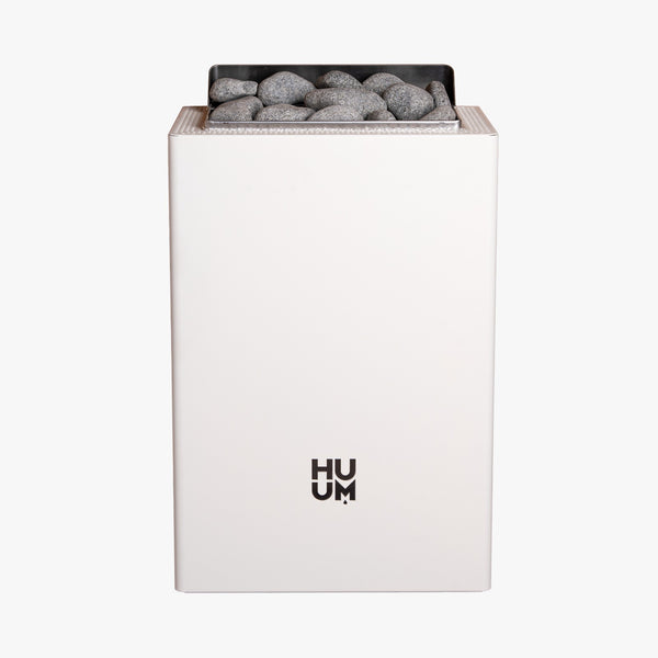 HUUM white electric sauna heater with grey stones inside on a white background  