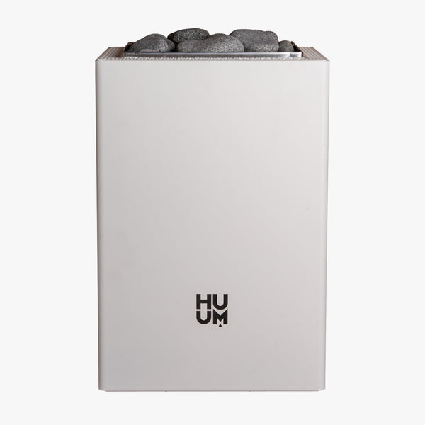 HUUM electric sauna heater with grey sauna stones on a white background 
