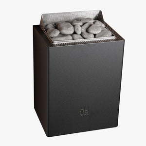 HUUM black electric sauna heater with grey stones on a white background