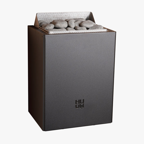 HUUM black electric sauna heater with grey stones on a white background