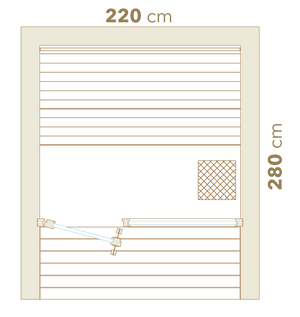 Measurement chart of a wooden gate with dimensions 220 cm and 280 cm.