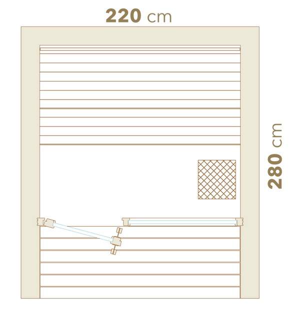 Measurement chart of a wooden gate with dimensions 220 cm and 280 cm.