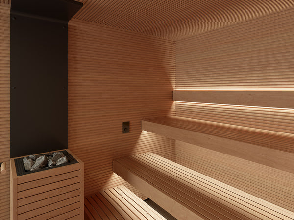Wooden sauna interior with benches and a cabinet.