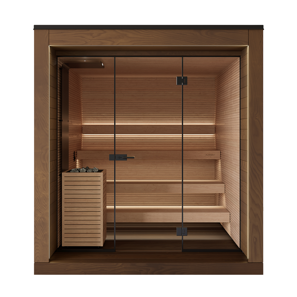 Wooden sauna with glass door on a white background