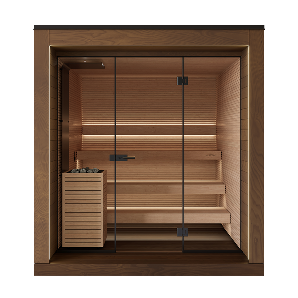 Wooden sauna with glass door on a white background