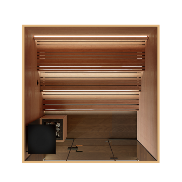 Wooden sauna with a bench and glass door on a white background