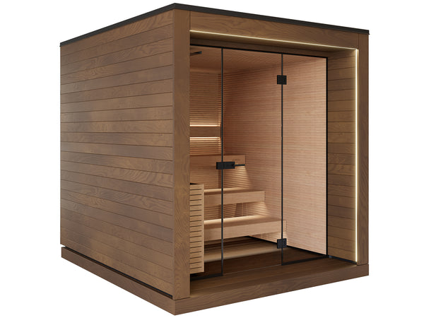 Wooden sauna with glass door on a white background