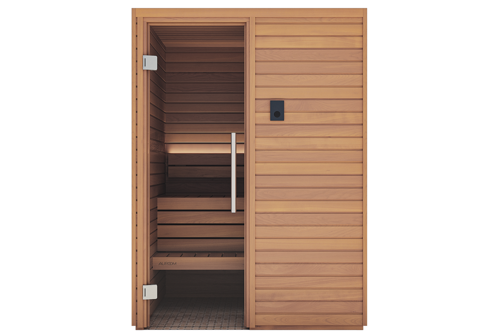 Wooden sauna with open door on a white background