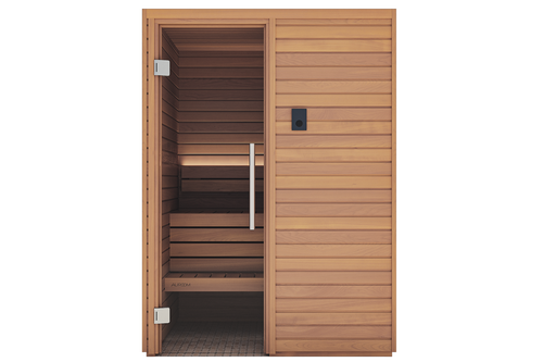 Wooden sauna with open door on a white background
