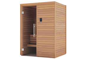 Wooden sauna with open door on a white background