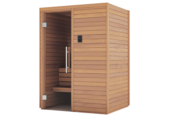 Wooden sauna with open door on a white background