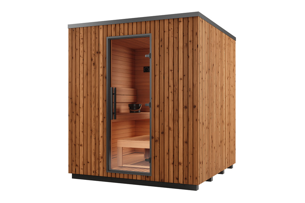 Wooden sauna with glass door on a white background