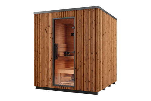 Wooden sauna with glass door on a white background