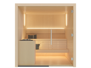 Wooden sauna with interior lights on a white background