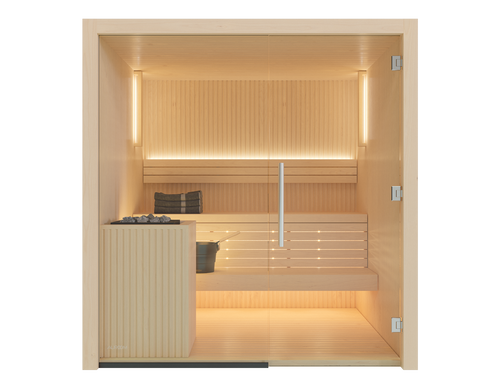 Wooden sauna with interior lights on a white background