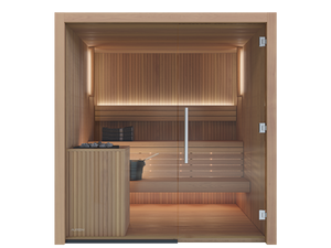 Wooden sauna with glass door on a white background