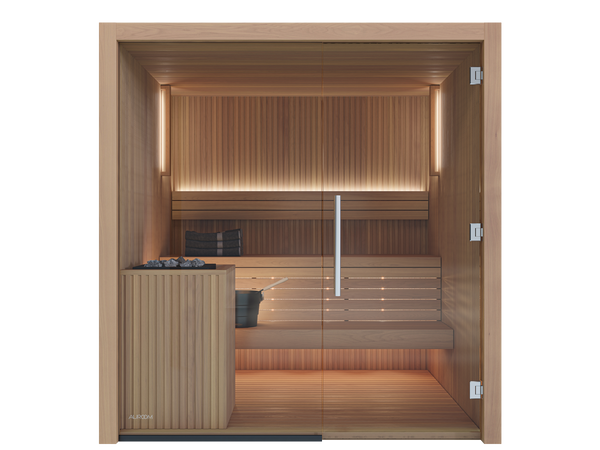 Wooden sauna with glass door on a white background