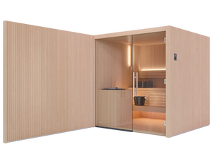 Wooden sauna with glass door on a white background