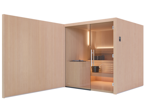 Wooden sauna with glass door on a white background