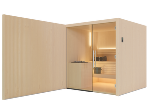 Wooden sauna with glass door on a white background