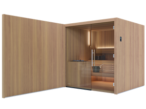 Wooden sauna with interior details on a white background