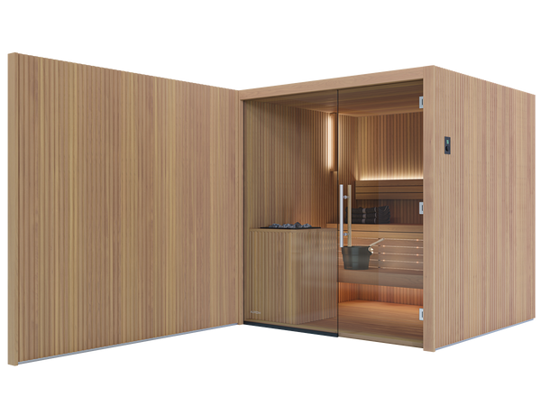 Wooden sauna with interior details on a white background