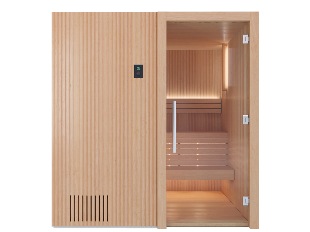 Wooden sauna with open door on a white background