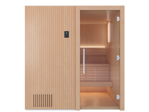 Wooden sauna with open door on a white background